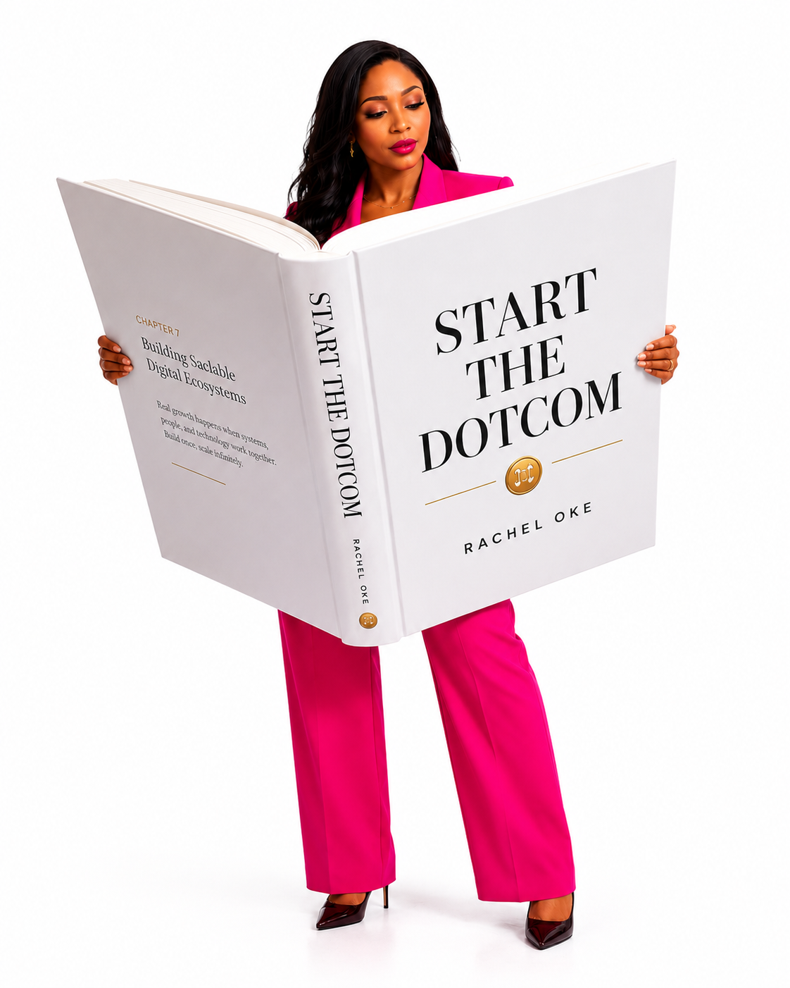 Rachel Oke holding open Start The Dotcom book — open page showing chapter