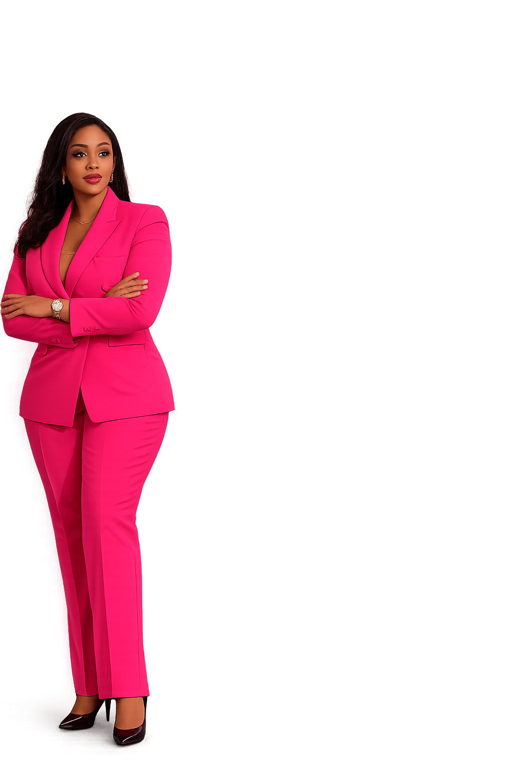 Rachel F. Oke — confident stance in pink suit