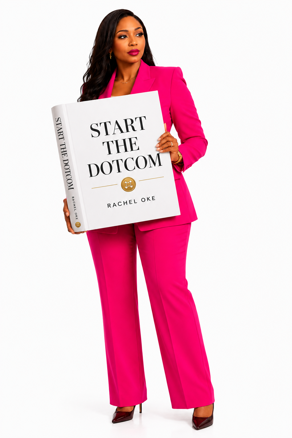 Rachel Oke holding Start The Dotcom book in pink suit on white background