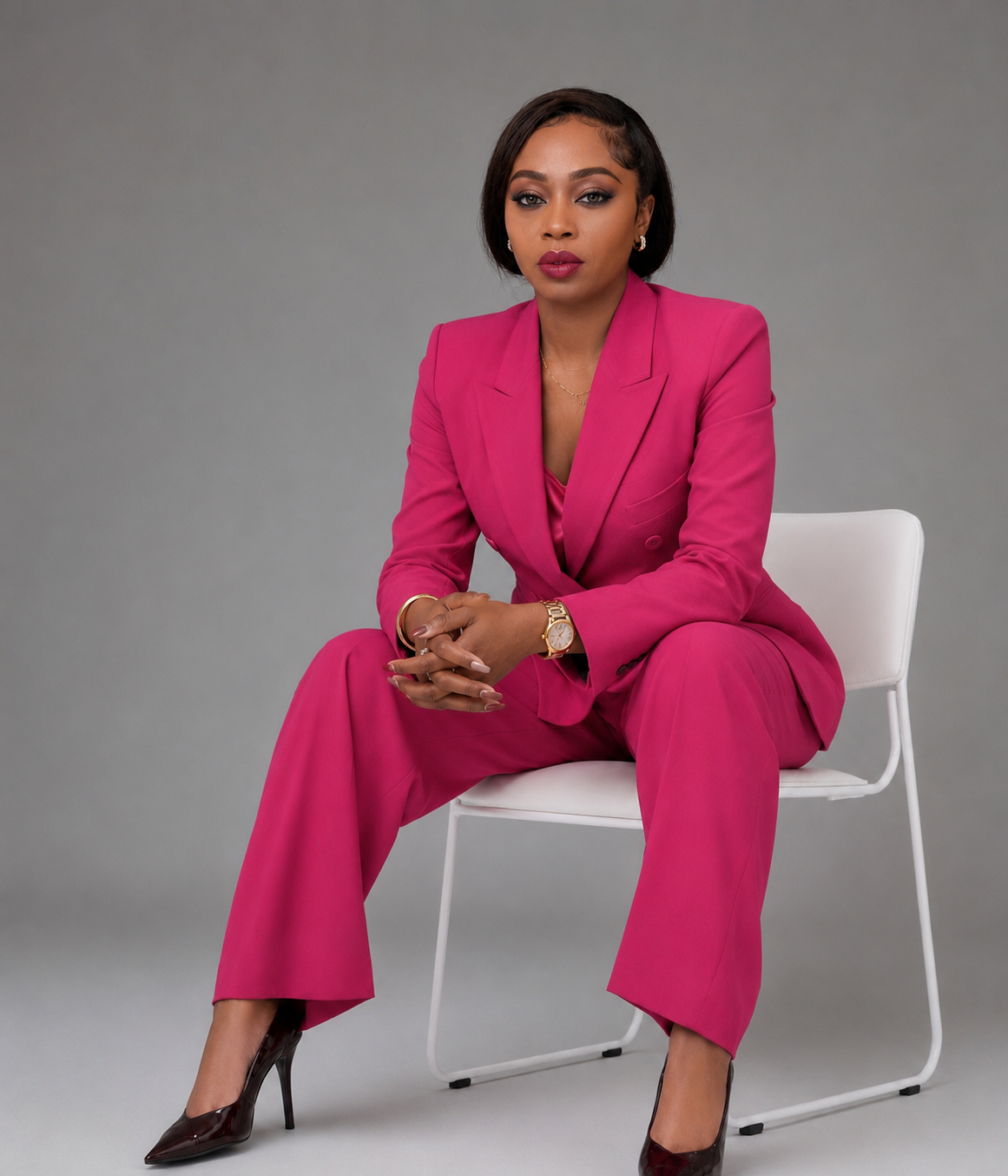 Rachel F. Oke in pink suit — community and coaching leader