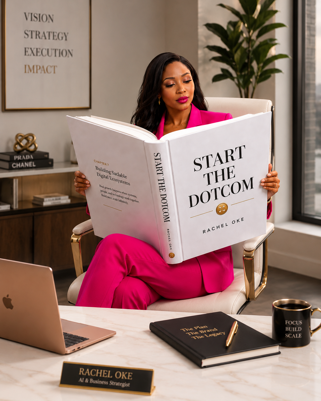 Rachel Oke in executive office reading book — coaching and strategy mindset