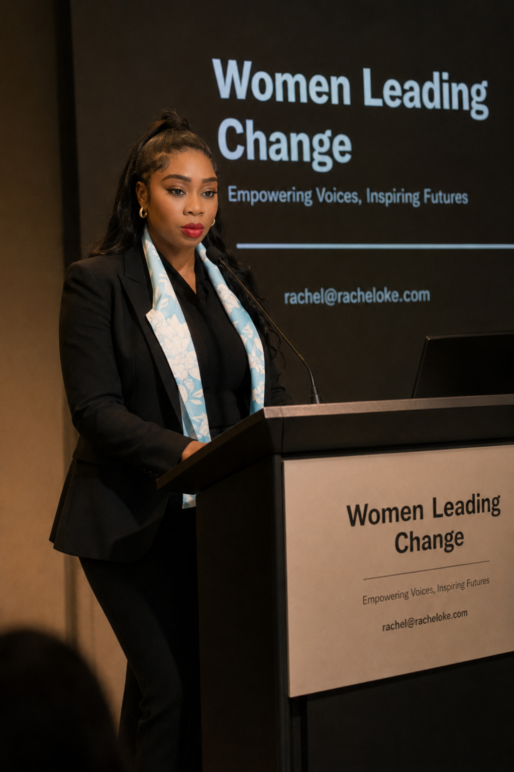 Rachel F. Oke at the Women Leading Change conference podium