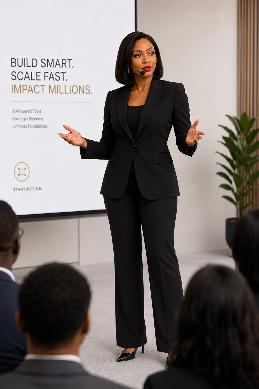 Rachel Oke on stage in black suit — Build Smart, Scale Fast, Impact Millions