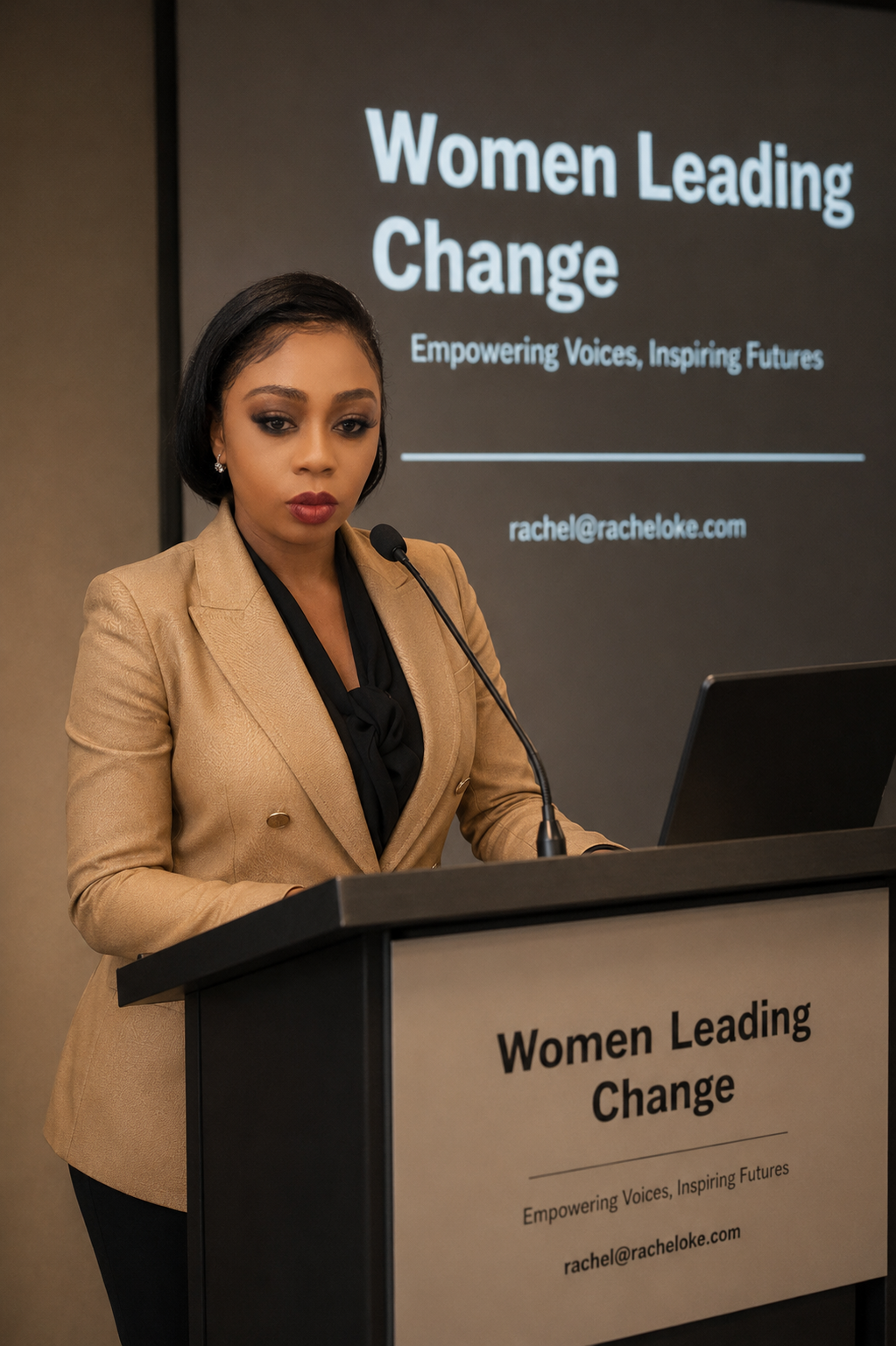Rachel Oke at Women Leading Change podium — Empowering Voices, Inspiring Futures